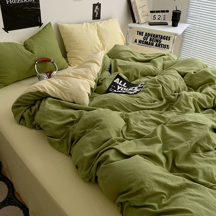 91家纺网 家纺一手货源 找家纺 卡斯诺家纺馆 2026新款水洗棉纯色双拼四件套（下载文件包含买家秀） 茶绿奶黄