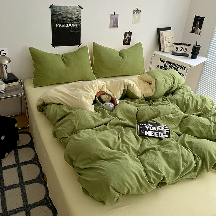 91家纺网 家纺一手货源 找家纺 卡斯诺家纺馆 2026新款水洗棉纯色双拼四件套（下载文件包含买家秀） 茶绿奶黄