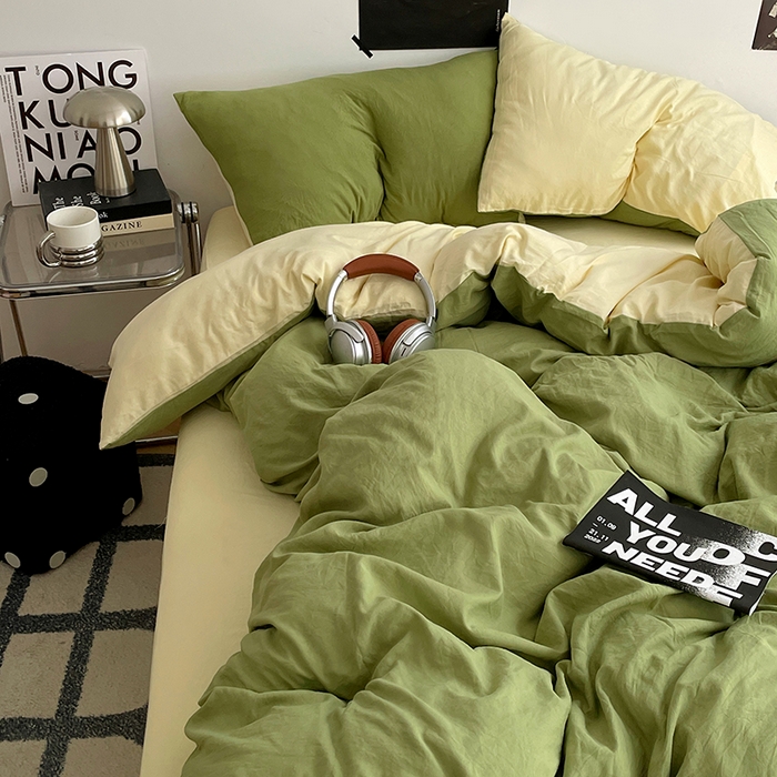 91家纺网 家纺一手货源 找家纺 卡斯诺家纺馆 2026新款水洗棉纯色双拼四件套（下载文件包含买家秀） 茶绿奶黄