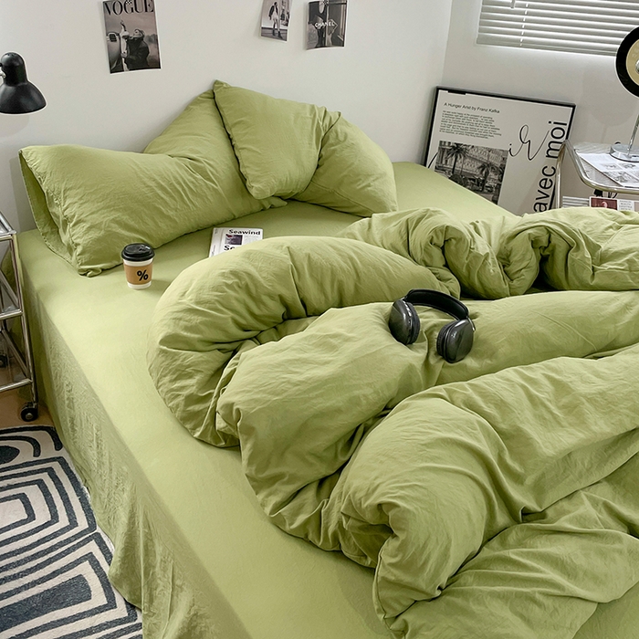 91家纺网 家纺一手货源 找家纺 卡斯诺家纺馆 2026新款水洗棉纯色双拼四件套（下载文件包含买家秀） 纯茶绿