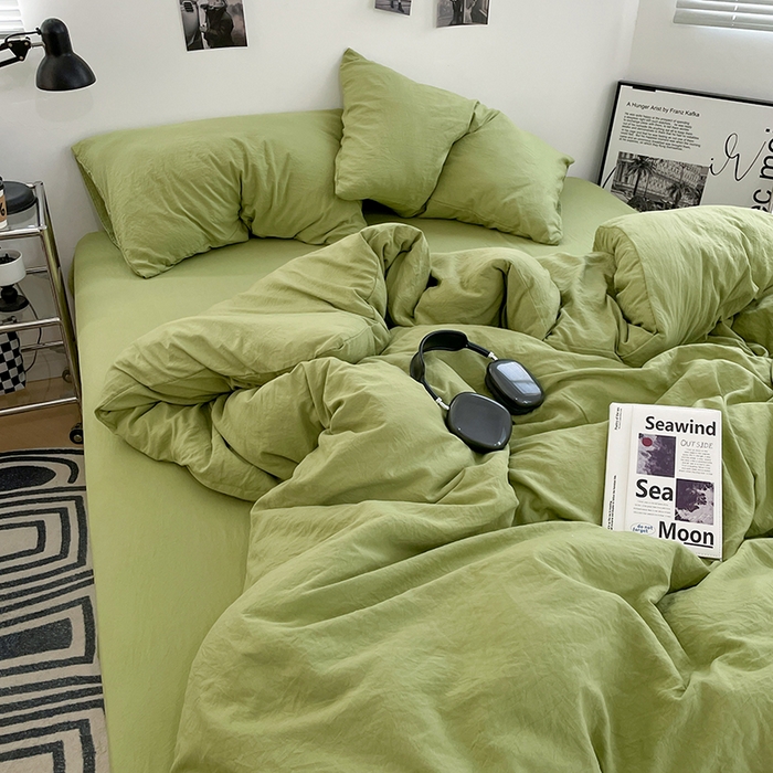 91家纺网 家纺一手货源 找家纺 卡斯诺家纺馆 2026新款水洗棉纯色双拼四件套（下载文件包含买家秀） 纯茶绿