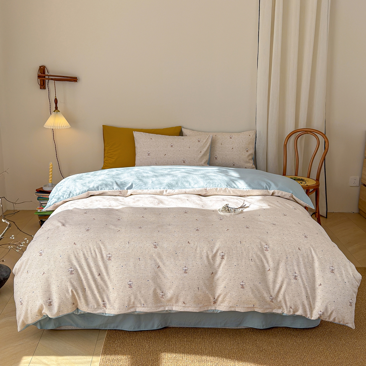 91家纺网 家纺一手货源 找家纺 竹合家纺 2026春夏新品色织棉麻棉纱系列皱皱纱四件套 旋转木马