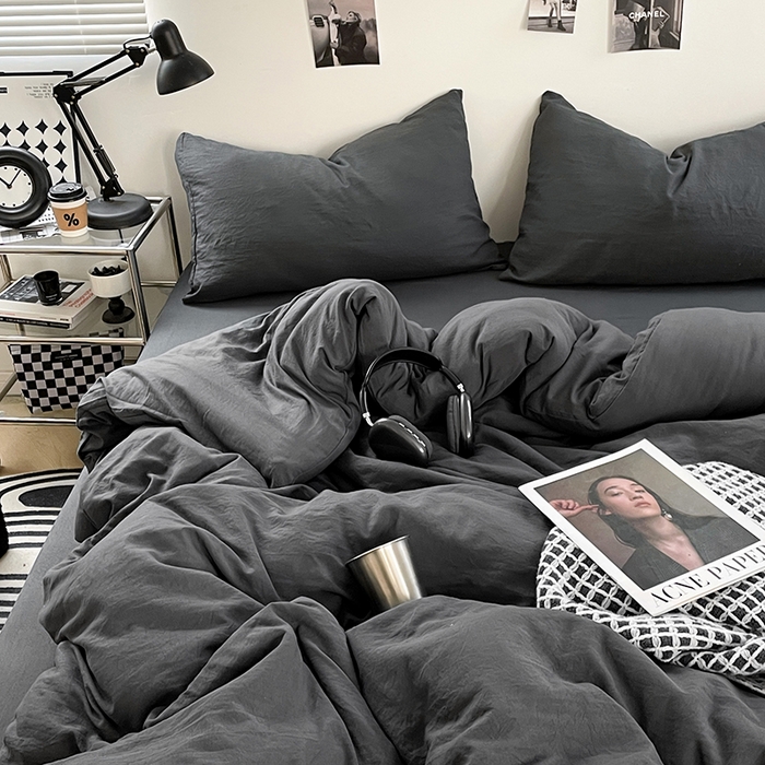 91家纺网 家纺一手货源 找家纺 卡斯诺家纺馆 2026新款水洗棉纯色双拼四件套（下载文件包含买家秀） 纯深灰