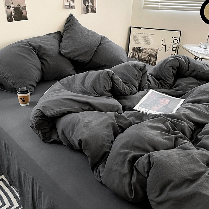 91家纺网 家纺一手货源 找家纺 卡斯诺家纺馆 2026新款水洗棉纯色双拼四件套（下载文件包含买家秀） 纯深灰