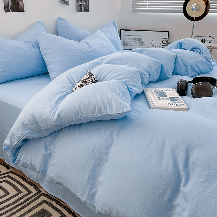 91家纺网 家纺一手货源 找家纺 卡斯诺家纺馆 2026新款水洗棉纯色双拼四件套（下载文件包含买家秀） 纯天蓝