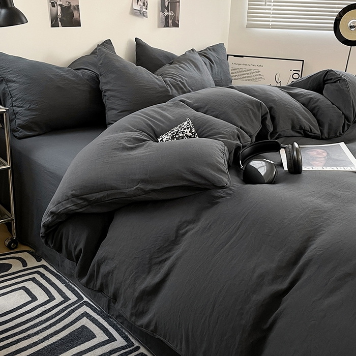 91家纺网 家纺一手货源 找家纺 卡斯诺家纺馆 2026新款水洗棉纯色双拼四件套（下载文件包含买家秀） 纯深灰