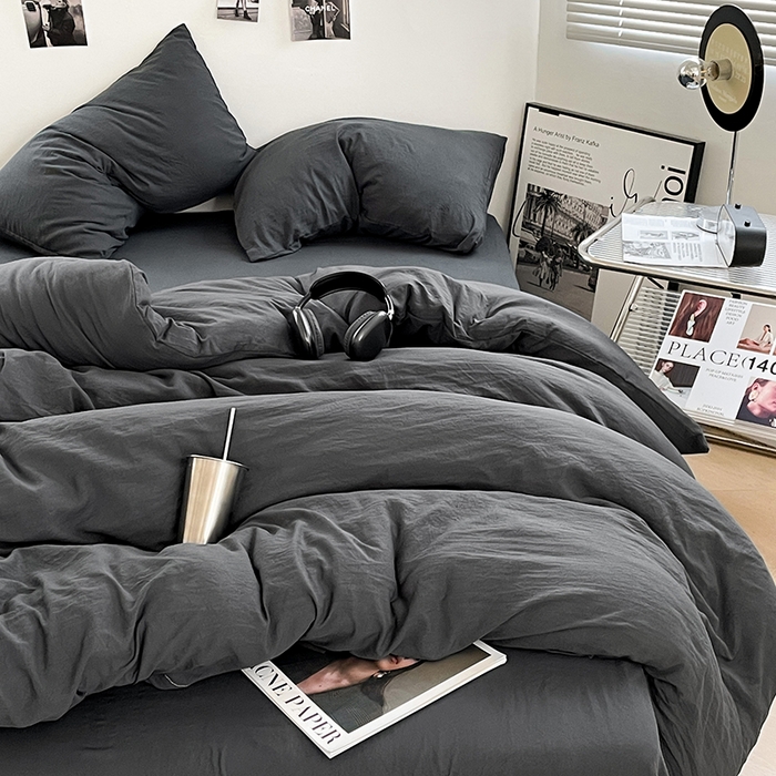 91家纺网 家纺一手货源 找家纺 卡斯诺家纺馆 2026新款水洗棉纯色双拼四件套（下载文件包含买家秀） 纯深灰