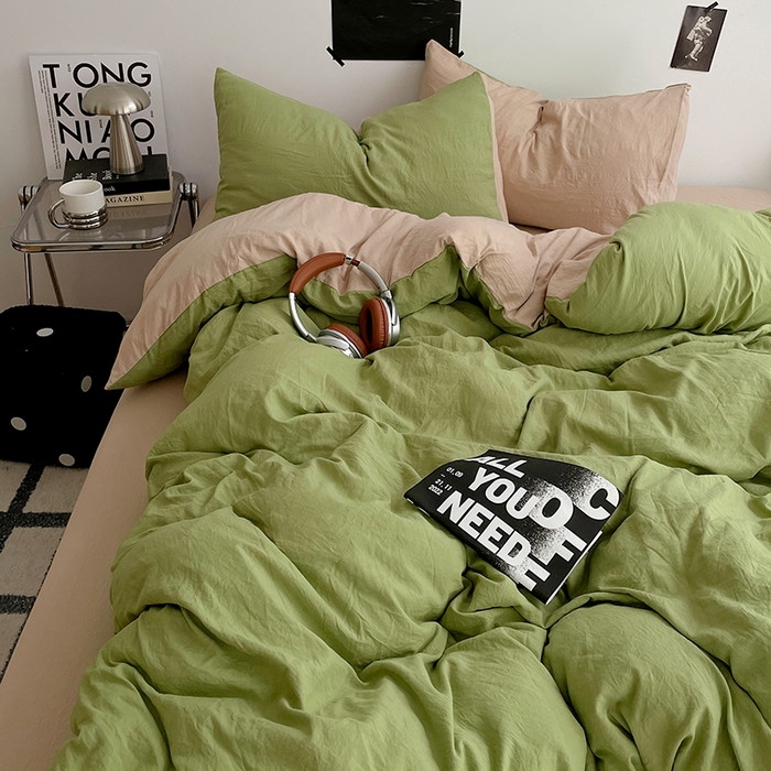 91家纺网 家纺一手货源 找家纺 卡斯诺家纺馆 2026新款水洗棉纯色双拼四件套（下载文件包含买家秀） 茶绿卡其