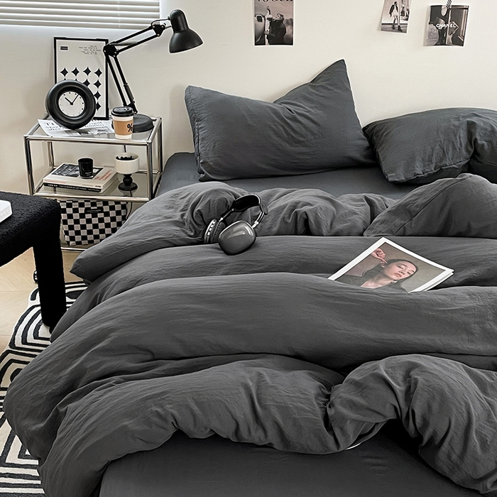 91家纺网 家纺一手货源 找家纺 卡斯诺家纺馆 2026新款水洗棉纯色双拼四件套（下载文件包含买家秀） 纯深灰