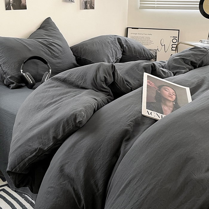 91家纺网 家纺一手货源 找家纺 卡斯诺家纺馆 2026新款水洗棉纯色双拼四件套（下载文件包含买家秀） 纯深灰