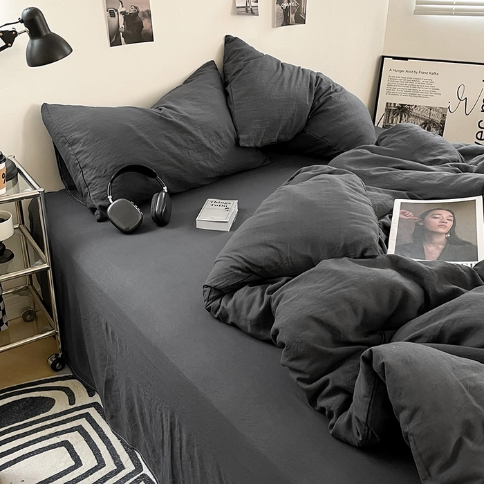 91家纺网 家纺一手货源 找家纺 卡斯诺家纺馆 2026新款水洗棉纯色双拼四件套（下载文件包含买家秀） 纯深灰