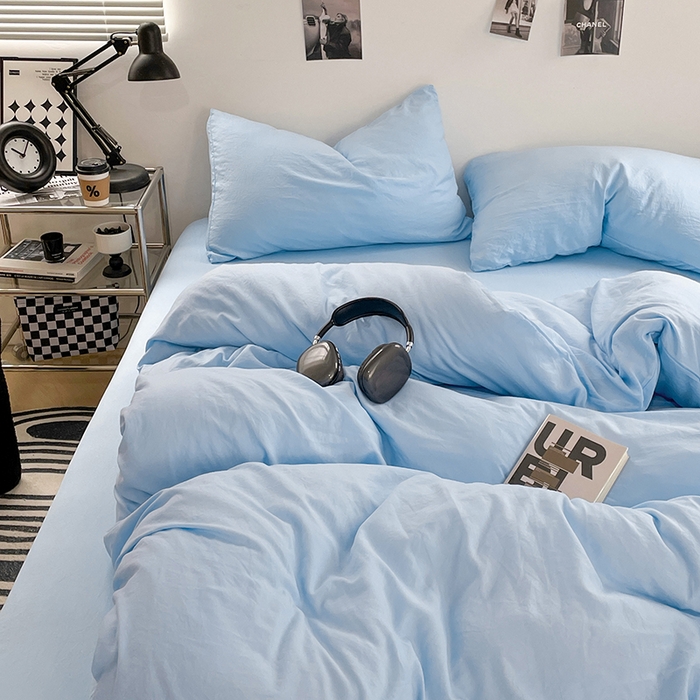 91家纺网 家纺一手货源 找家纺 卡斯诺家纺馆 2026新款水洗棉纯色双拼四件套（下载文件包含买家秀） 纯天蓝