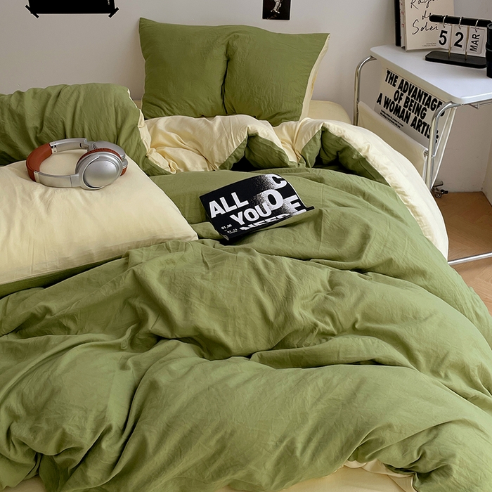 91家纺网 家纺一手货源 找家纺 卡斯诺家纺馆 2026新款水洗棉纯色双拼四件套（下载文件包含买家秀） 茶绿奶黄