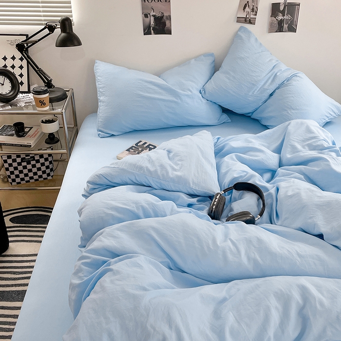 91家纺网 家纺一手货源 找家纺 卡斯诺家纺馆 2026新款水洗棉纯色双拼四件套（下载文件包含买家秀） 纯天蓝