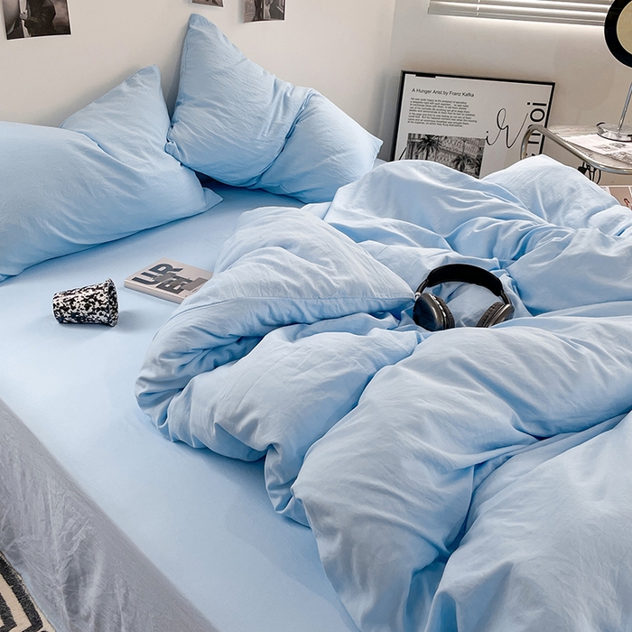 91家纺网 家纺一手货源 找家纺 卡斯诺家纺馆 2026新款水洗棉纯色双拼四件套（下载文件包含买家秀） 纯天蓝