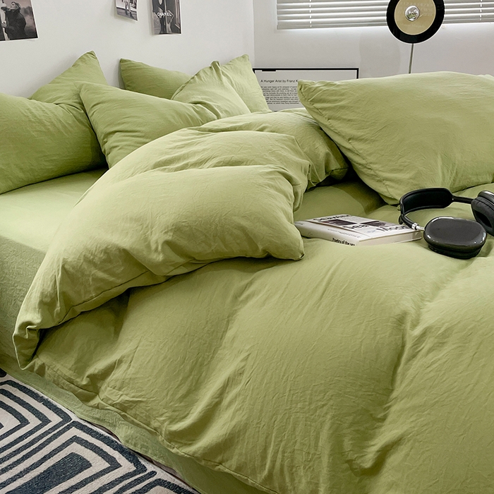 91家纺网 家纺一手货源 找家纺 卡斯诺家纺馆 2026新款水洗棉纯色双拼四件套（下载文件包含买家秀） 纯茶绿