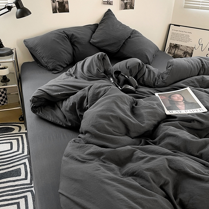 91家纺网 家纺一手货源 找家纺 卡斯诺家纺馆 2026新款水洗棉纯色双拼四件套（下载文件包含买家秀） 纯深灰