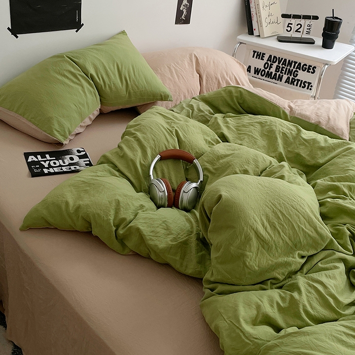 91家纺网 家纺一手货源 找家纺 卡斯诺家纺馆 2026新款水洗棉纯色双拼四件套（下载文件包含买家秀） 茶绿卡其