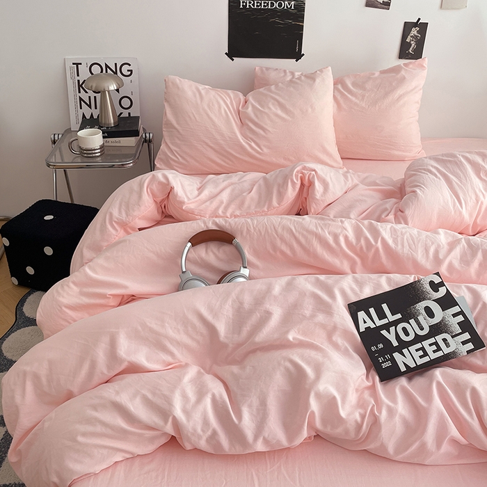 91家纺网 家纺一手货源 找家纺 卡斯诺家纺馆 2026新款水洗棉纯色双拼四件套（下载文件包含买家秀） 纯玉粉