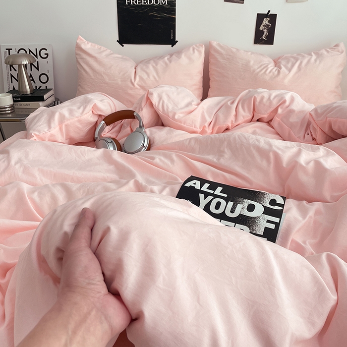 91家纺网 家纺一手货源 找家纺 卡斯诺家纺馆 2026新款水洗棉纯色双拼四件套（下载文件包含买家秀） 纯玉粉