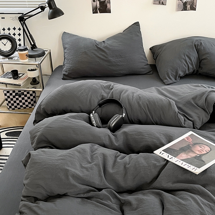 91家纺网 家纺一手货源 找家纺 卡斯诺家纺馆 2026新款水洗棉纯色双拼四件套（下载文件包含买家秀） 纯深灰