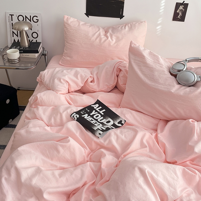 91家纺网 家纺一手货源 找家纺 卡斯诺家纺馆 2026新款水洗棉纯色双拼四件套（下载文件包含买家秀） 纯玉粉