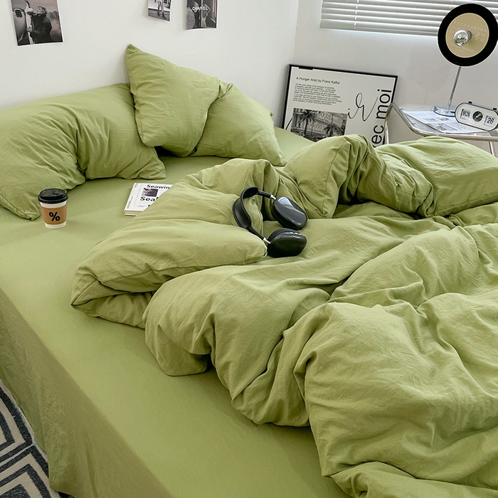 91家纺网 家纺一手货源 找家纺 卡斯诺家纺馆 2026新款水洗棉纯色双拼四件套（下载文件包含买家秀） 纯茶绿