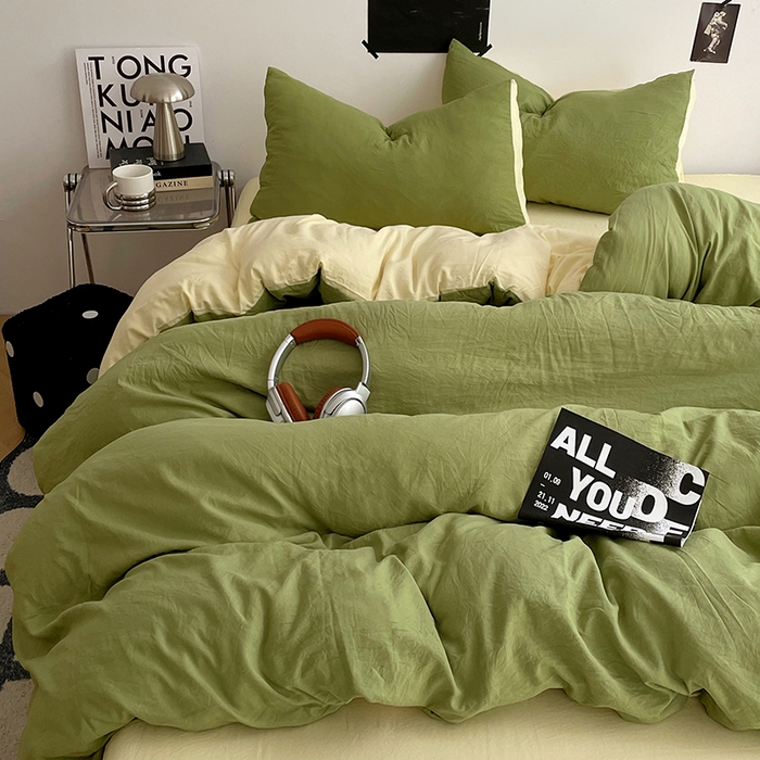 91家纺网 家纺一手货源 找家纺 卡斯诺家纺馆 2026新款水洗棉纯色双拼四件套（下载文件包含买家秀） 茶绿奶黄