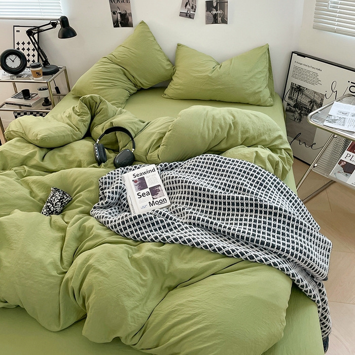 91家纺网 家纺一手货源 找家纺 卡斯诺家纺馆 2026新款水洗棉纯色双拼四件套（下载文件包含买家秀） 纯茶绿