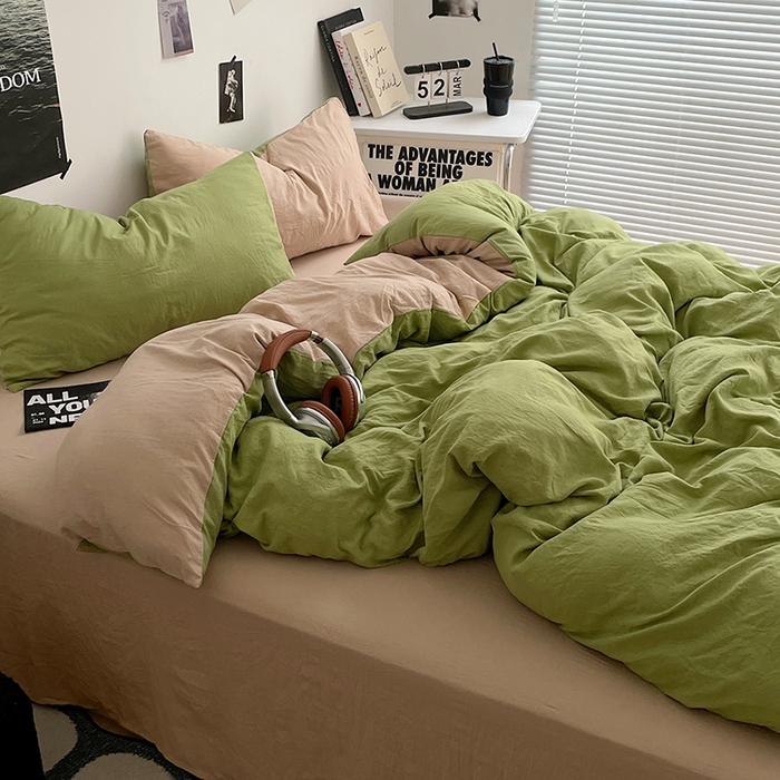 91家纺网 家纺一手货源 找家纺 卡斯诺家纺馆 2026新款水洗棉纯色双拼四件套（下载文件包含买家秀） 茶绿卡其