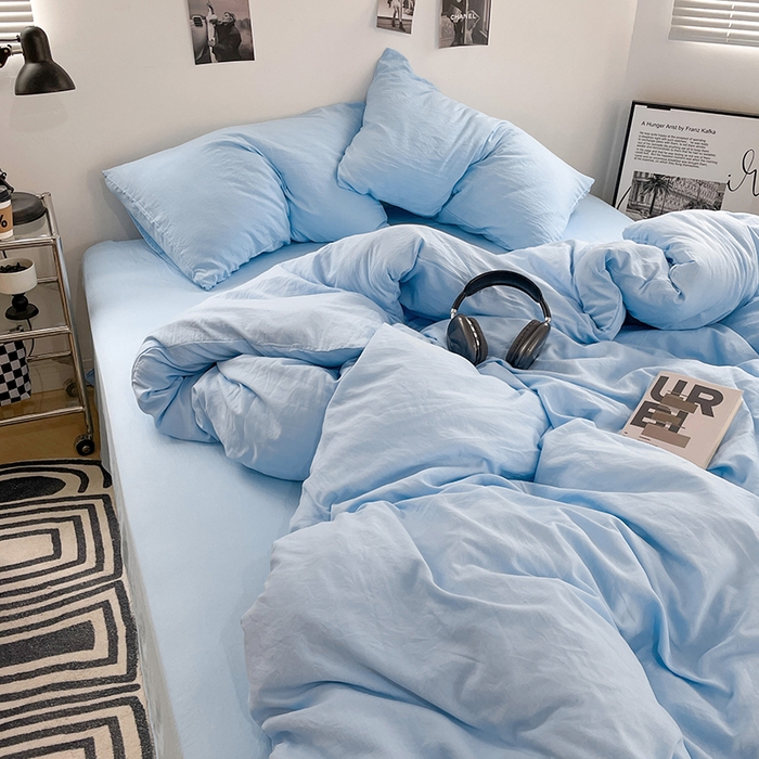 91家纺网 家纺一手货源 找家纺 卡斯诺家纺馆 2026新款水洗棉纯色双拼四件套（下载文件包含买家秀） 纯天蓝