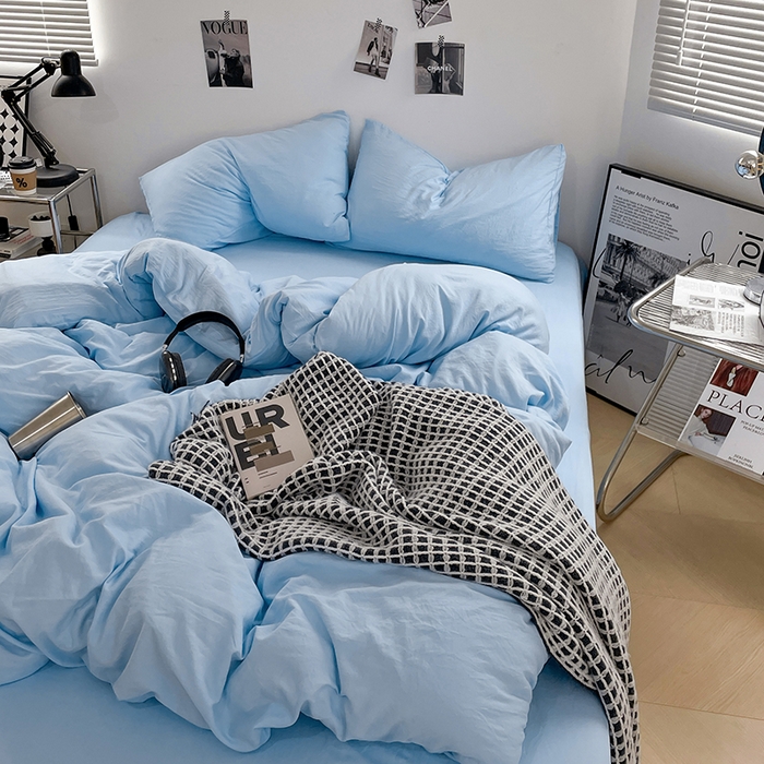 91家纺网 家纺一手货源 找家纺 卡斯诺家纺馆 2026新款水洗棉纯色双拼四件套（下载文件包含买家秀） 纯天蓝