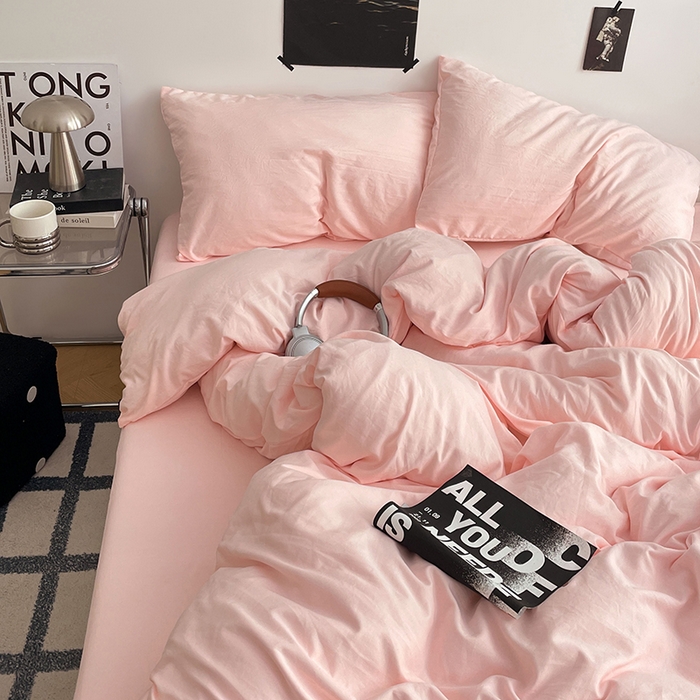 91家纺网 家纺一手货源 找家纺 卡斯诺家纺馆 2026新款水洗棉纯色双拼四件套（下载文件包含买家秀） 纯玉粉