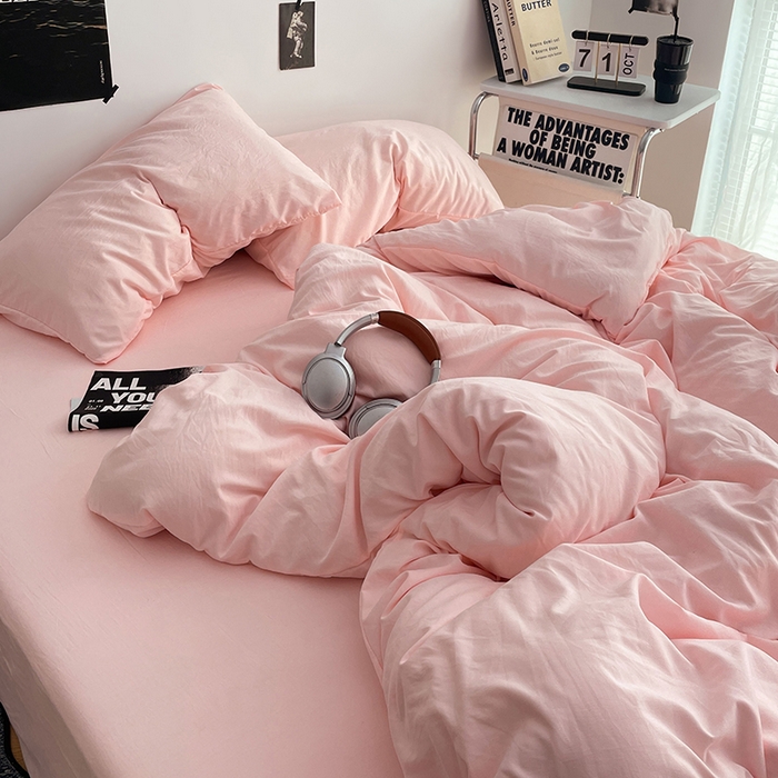 91家纺网 家纺一手货源 找家纺 卡斯诺家纺馆 2026新款水洗棉纯色双拼四件套（下载文件包含买家秀） 纯玉粉