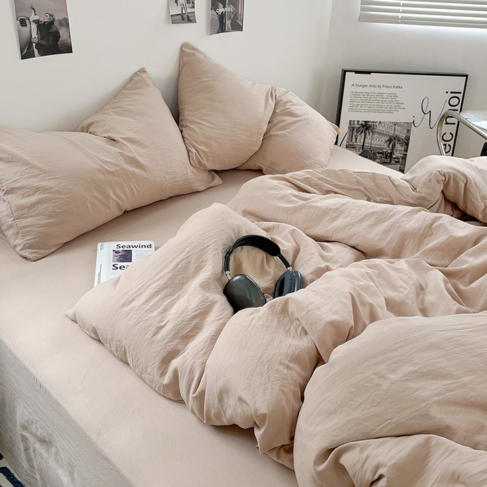 91家纺网 家纺一手货源 找家纺 卡斯诺家纺馆 2026新款水洗棉纯色双拼四件套（下载文件包含买家秀） 纯卡其