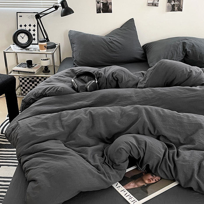 91家纺网 家纺一手货源 找家纺 卡斯诺家纺馆 2026新款水洗棉纯色双拼四件套（下载文件包含买家秀） 纯深灰