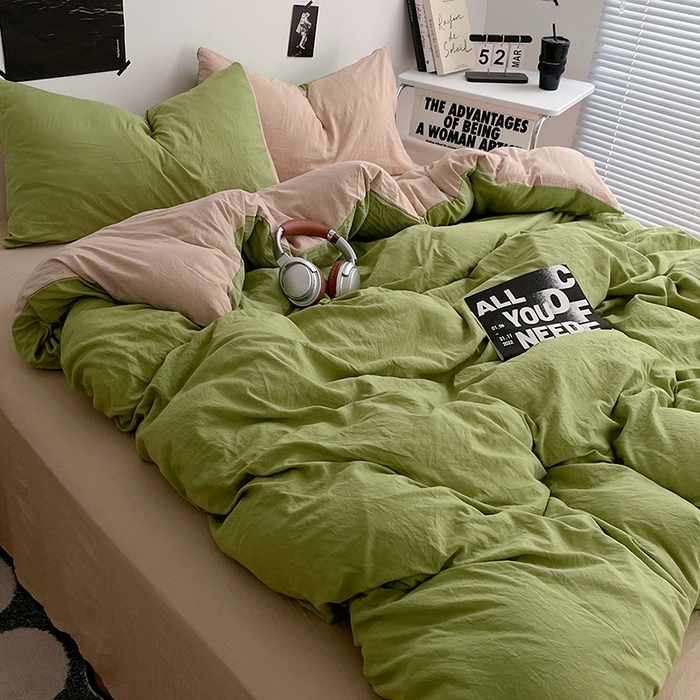 91家纺网 家纺一手货源 找家纺 卡斯诺家纺馆 2026新款水洗棉纯色双拼四件套（下载文件包含买家秀） 茶绿卡其