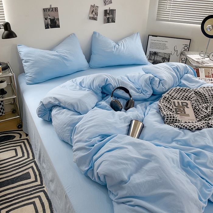 91家纺网 家纺一手货源 找家纺 卡斯诺家纺馆 2026新款水洗棉纯色双拼四件套（下载文件包含买家秀） 纯天蓝