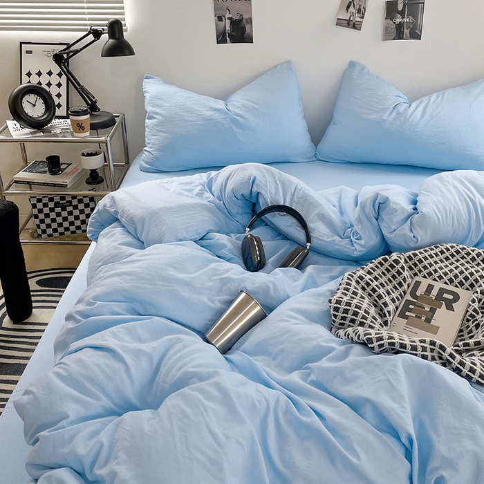 91家纺网 家纺一手货源 找家纺 卡斯诺家纺馆 2026新款水洗棉纯色双拼四件套（下载文件包含买家秀） 纯天蓝