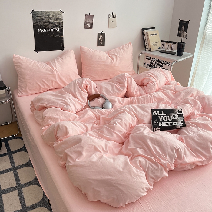 91家纺网 家纺一手货源 找家纺 卡斯诺家纺馆 2026新款水洗棉纯色双拼四件套（下载文件包含买家秀） 纯玉粉