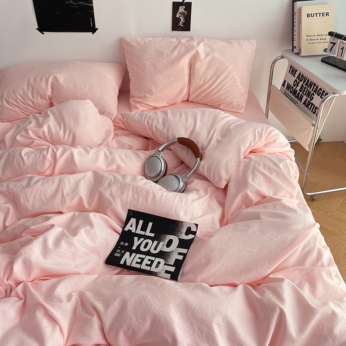 91家纺网 家纺一手货源 找家纺 卡斯诺家纺馆 2026新款水洗棉纯色双拼四件套（下载文件包含买家秀） 纯玉粉