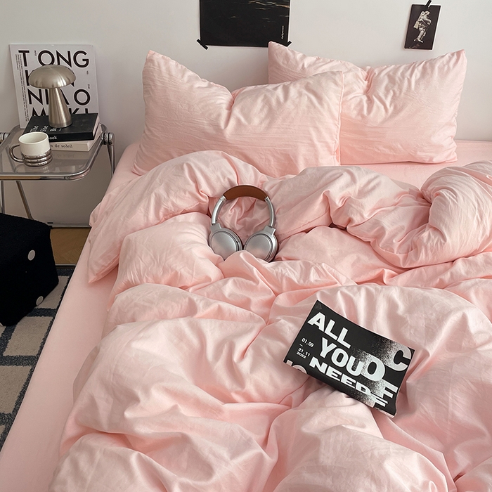 91家纺网 家纺一手货源 找家纺 卡斯诺家纺馆 2026新款水洗棉纯色双拼四件套（下载文件包含买家秀） 纯玉粉