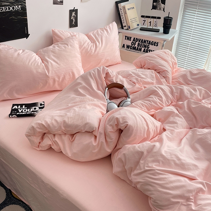 91家纺网 家纺一手货源 找家纺 卡斯诺家纺馆 2026新款水洗棉纯色双拼四件套（下载文件包含买家秀） 纯玉粉