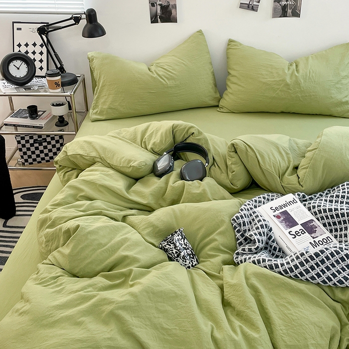 91家纺网 家纺一手货源 找家纺 卡斯诺家纺馆 2026新款水洗棉纯色双拼四件套（下载文件包含买家秀） 纯茶绿