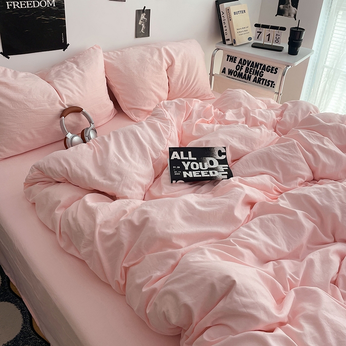 91家纺网 家纺一手货源 找家纺 卡斯诺家纺馆 2026新款水洗棉纯色双拼四件套（下载文件包含买家秀） 纯玉粉