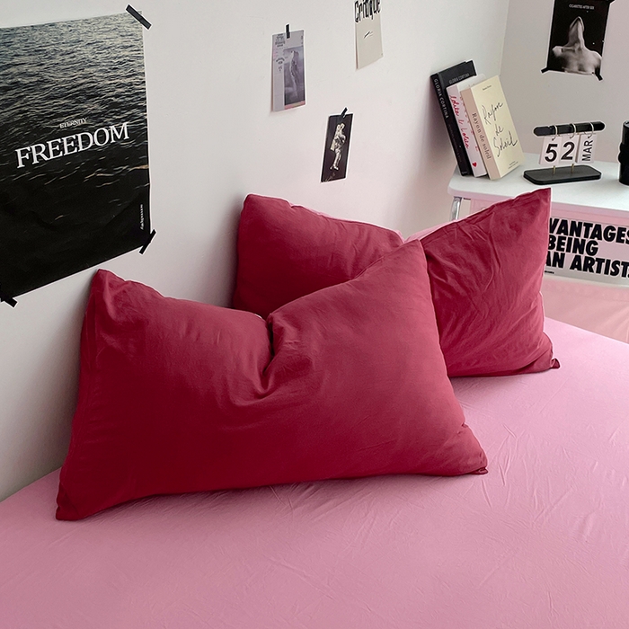 91家纺网 家纺一手货源 找家纺 卡斯诺家纺馆 2026新款水洗棉纯色双拼四件套（下载文件包含买家秀） 酒红浅粉