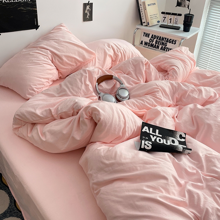 91家纺网 家纺一手货源 找家纺 卡斯诺家纺馆 2026新款水洗棉纯色双拼四件套（下载文件包含买家秀） 纯玉粉