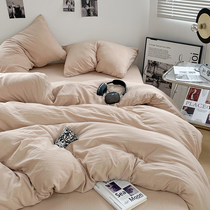 91家纺网 家纺一手货源 找家纺 卡斯诺家纺馆 2026新款水洗棉纯色双拼四件套（下载文件包含买家秀） 纯卡其