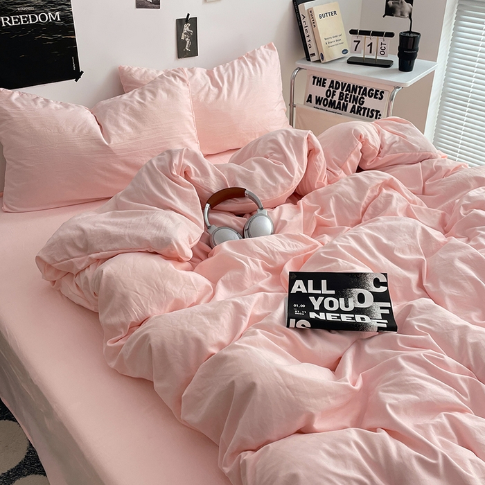 91家纺网 家纺一手货源 找家纺 卡斯诺家纺馆 2026新款水洗棉纯色双拼四件套（下载文件包含买家秀） 纯玉粉