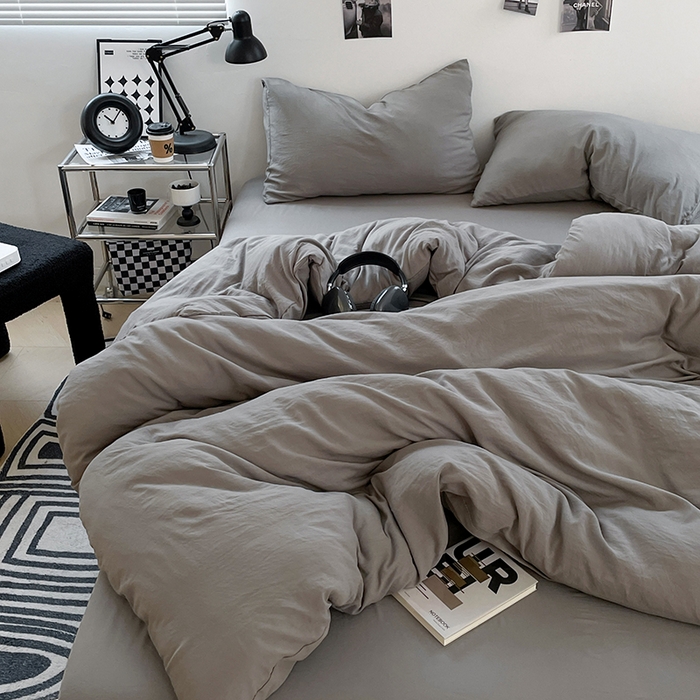 91家纺网 家纺一手货源 找家纺 卡斯诺家纺馆 2026新款水洗棉纯色双拼四件套（下载文件包含买家秀） 纯银灰